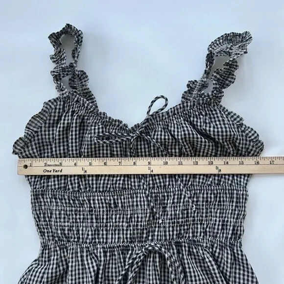 Storia Gingham Midi Dress Size Medium Black White Elastic Tie Waist - Picture 6 of 9
